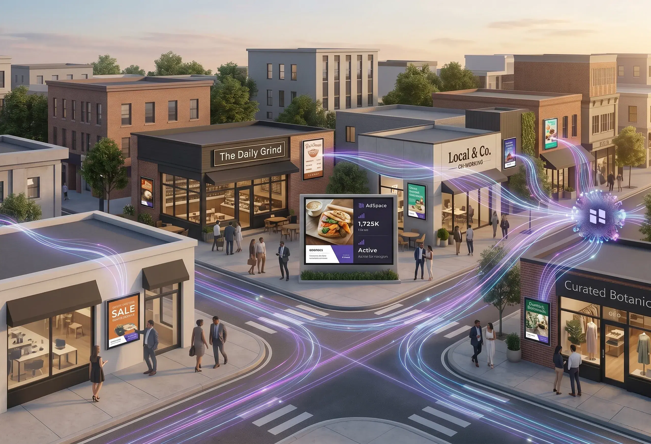 Local main street with small-business storefront screens displaying neighborhood ads