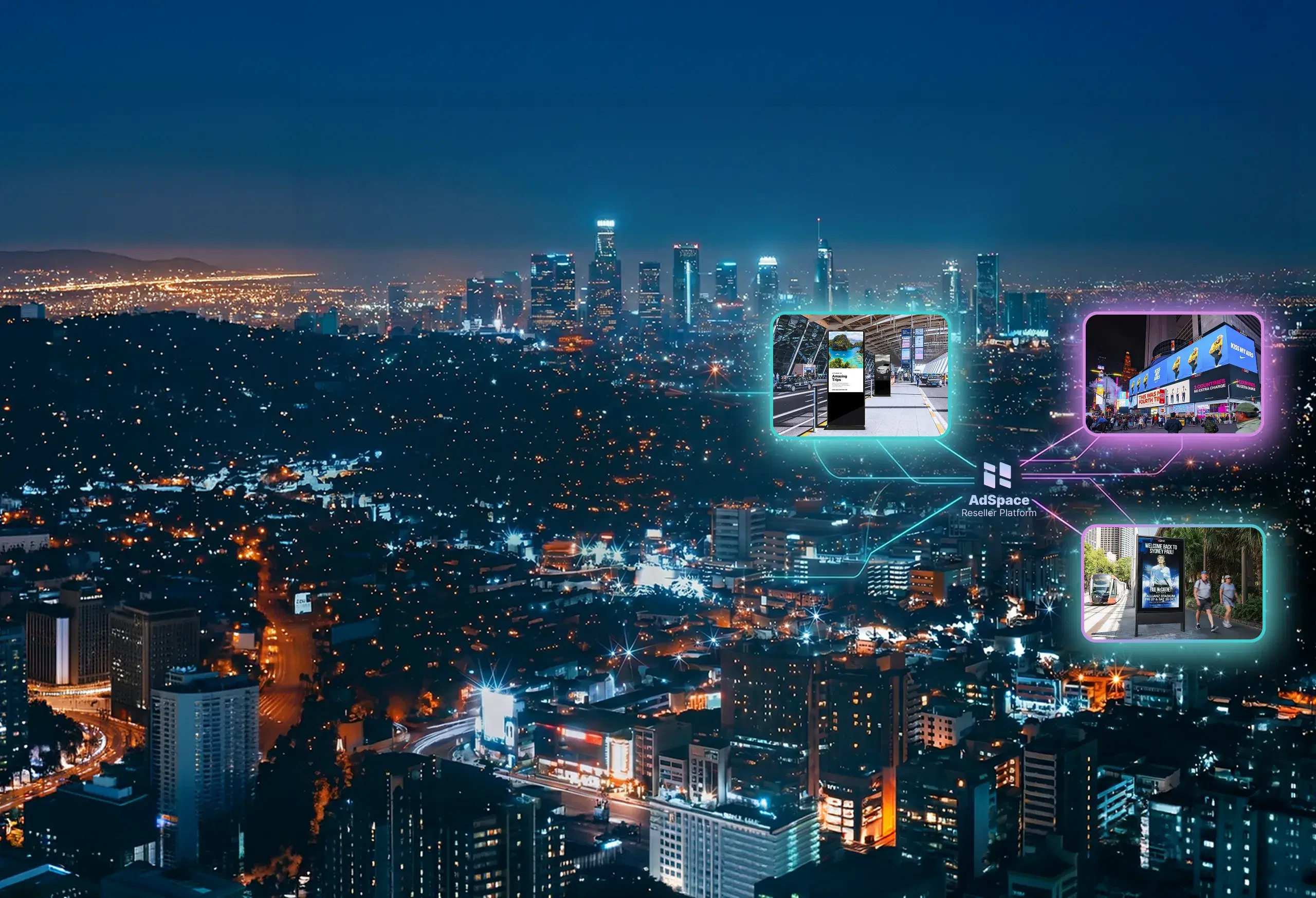 City-wide network of out-of-home advertising screens connected across multiple markets at night
